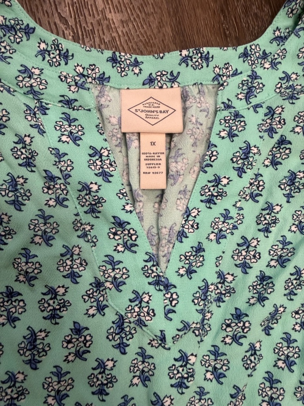 St. John's Bay Teal Floral V-Neck Blouse - Picture 2 of 4